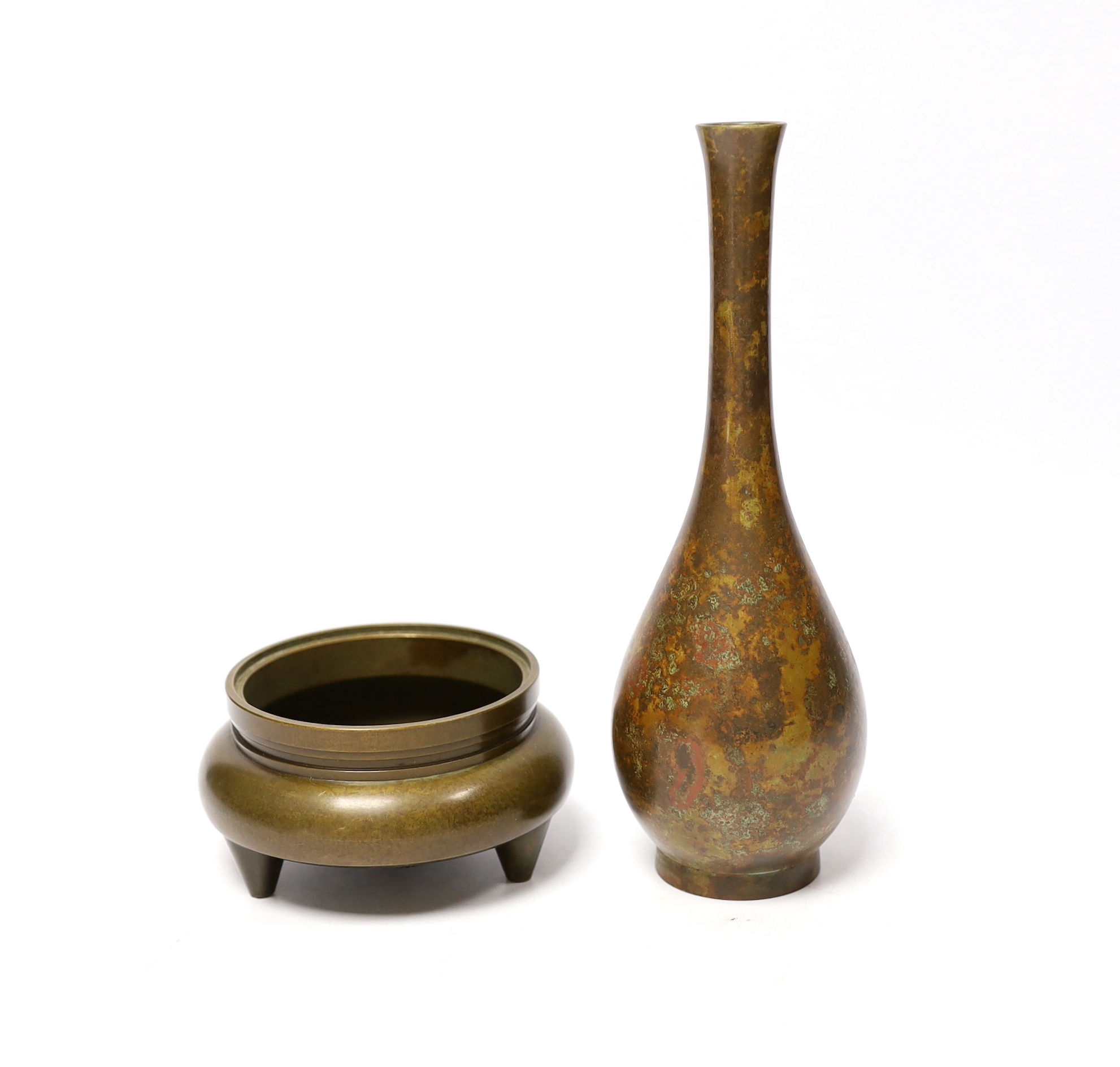 Two Chinese bronzes; a miniature censer and a vase, vase 18.5cm high